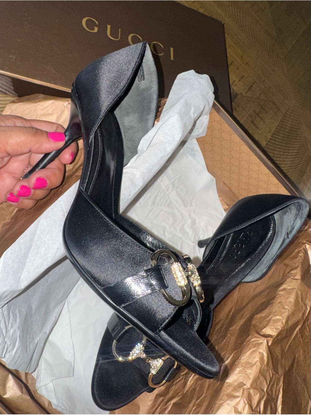 VINTAGE - Gucci Black Satin Crystal Horsebit D'Orsay Heels - size 6.5 - Picture 16 of 17